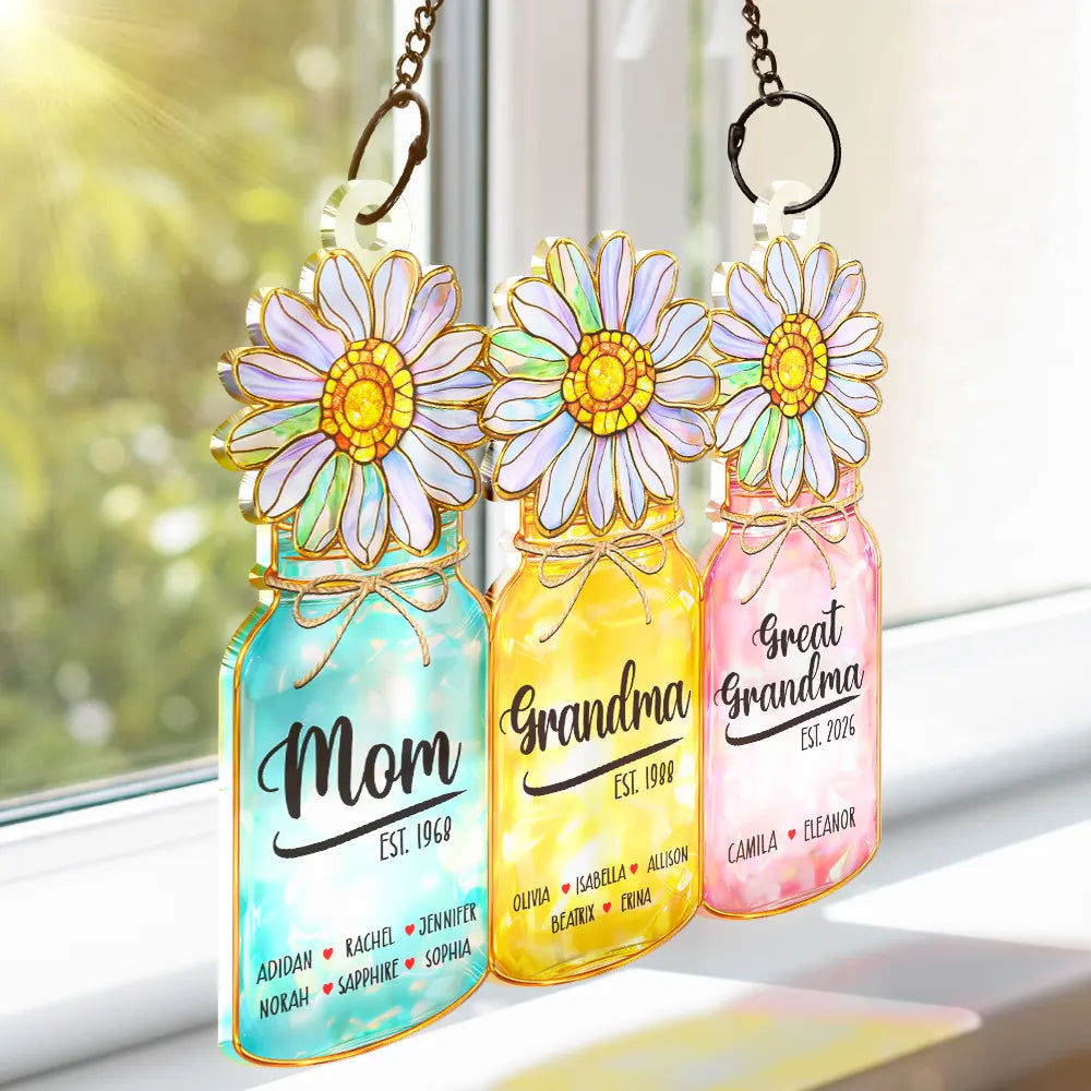 Gift For Grandma,Grandma - Grandkids,Happy,Icon - Flower Mason Jar Mom Grandma Stained Glass Effect - Personalized Window Hanging Suncatcher Ornament