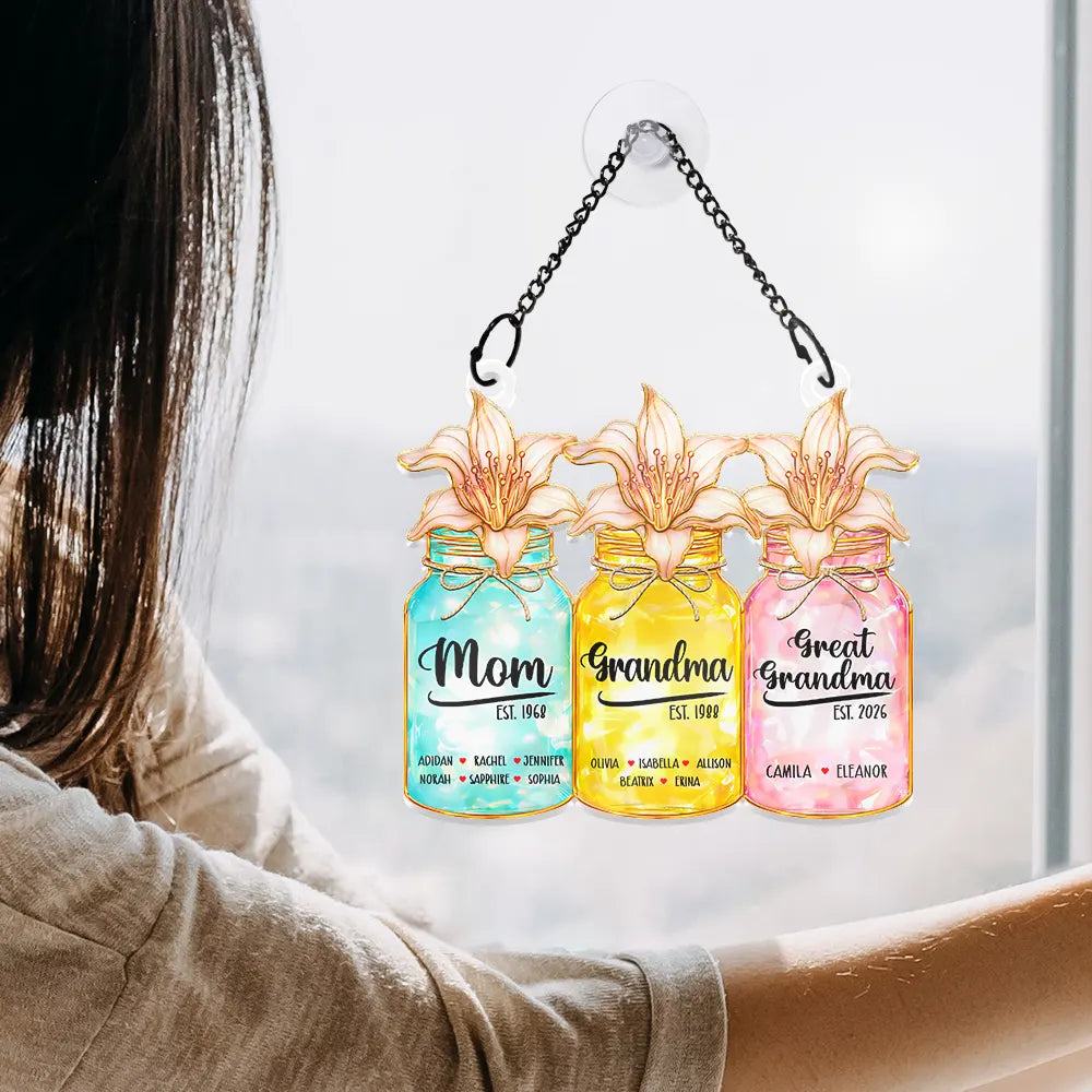 Gift For Grandma,Grandma - Grandkids,Happy,Icon - Flower Mason Jar Mom Grandma Stained Glass Effect - Personalized Window Hanging Suncatcher Ornament