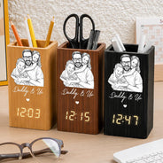 Gift For Father,Custom Photo,Art Design,Sentimental,Photo - Pencil Sketch - White BG - Custom Photo Pencil Sketch Art Family Portrait Best Grandpa Dad Ever - Personalized Pen Holder With Clock