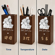Gift For Father,Custom Photo,Art Design,Sentimental,Photo - Pencil Sketch - White BG - Custom Photo Pencil Sketch Art Family Portrait Best Grandpa Dad Ever - Personalized Pen Holder With Clock