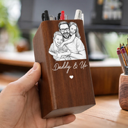 Gift For Father,Custom Photo,Art Design,Sentimental,Photo - Pencil Sketch - White BG - Custom Photo Pencil Sketch Art Family Portrait Best Grandpa Dad Ever - Personalized Pen Holder With Clock