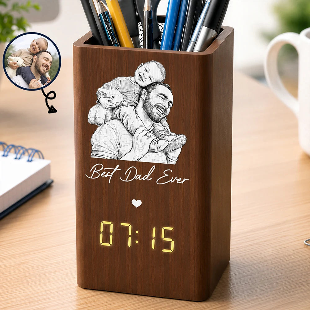Gift For Father,Custom Photo,Art Design,Sentimental,Photo - Pencil Sketch - White BG - Custom Photo Pencil Sketch Art Family Portrait Best Grandpa Dad Ever - Personalized Pen Holder With Clock