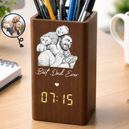 Gift For Father,Custom Photo,Art Design,Sentimental,Photo - Pencil Sketch - White BG - Custom Photo Pencil Sketch Art Family Portrait Best Grandpa Dad Ever - Personalized Pen Holder With Clock