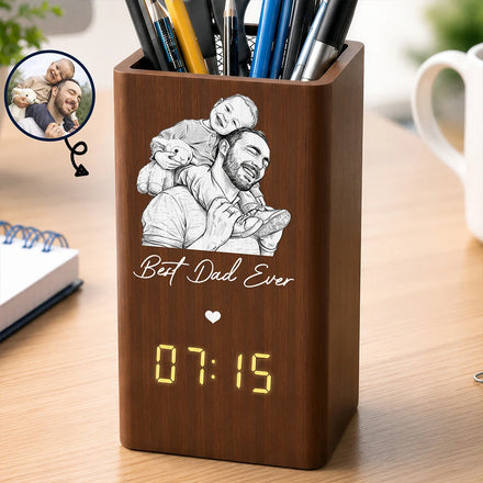 Custom Photo Pencil Sketch Art Family Portrait Best Grandpa Dad Ever - Personalized Pen Holder With Clock