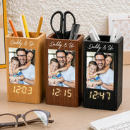 Gift For Father, Custom Photo, Sentimental, Upload Full Photo - Custom Photo Family Portrait Best Grandpa Dad Ever - Personalized Pen Holder With Clock