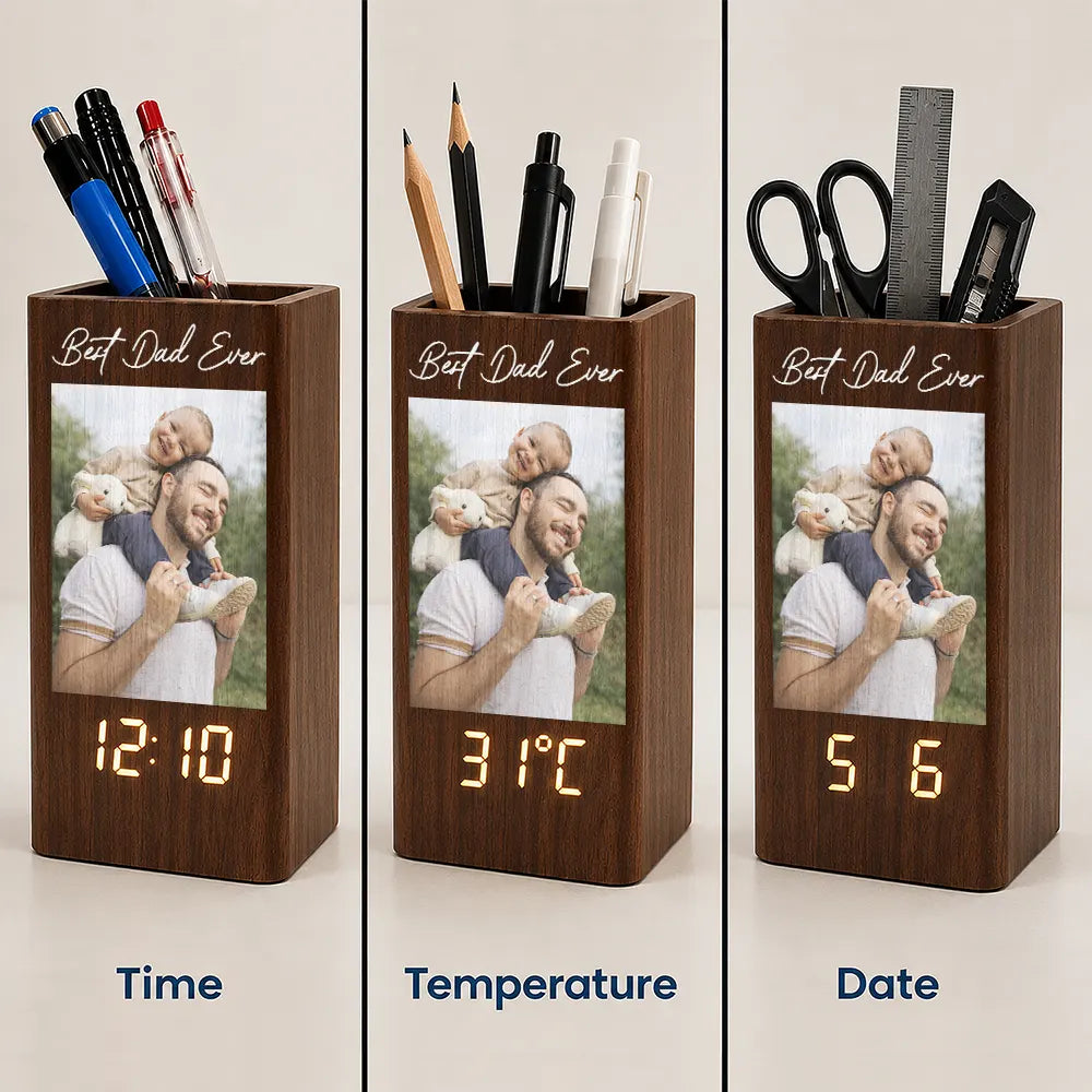 Gift For Father, Custom Photo, Sentimental, Upload Full Photo - Custom Photo Family Portrait Best Grandpa Dad Ever - Personalized Pen Holder With Clock