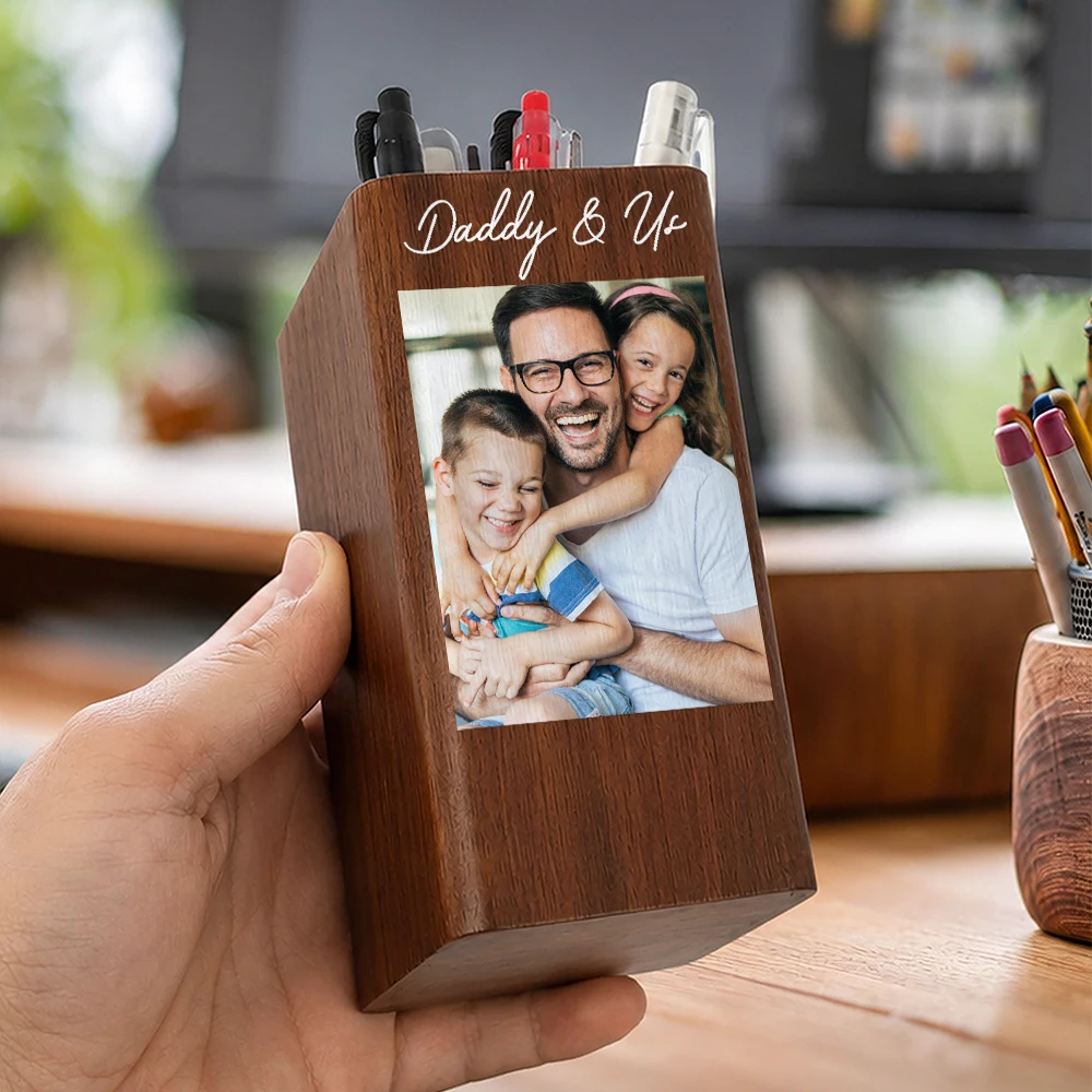 Gift For Father, Custom Photo, Sentimental, Upload Full Photo - Custom Photo Family Portrait Best Grandpa Dad Ever - Personalized Pen Holder With Clock