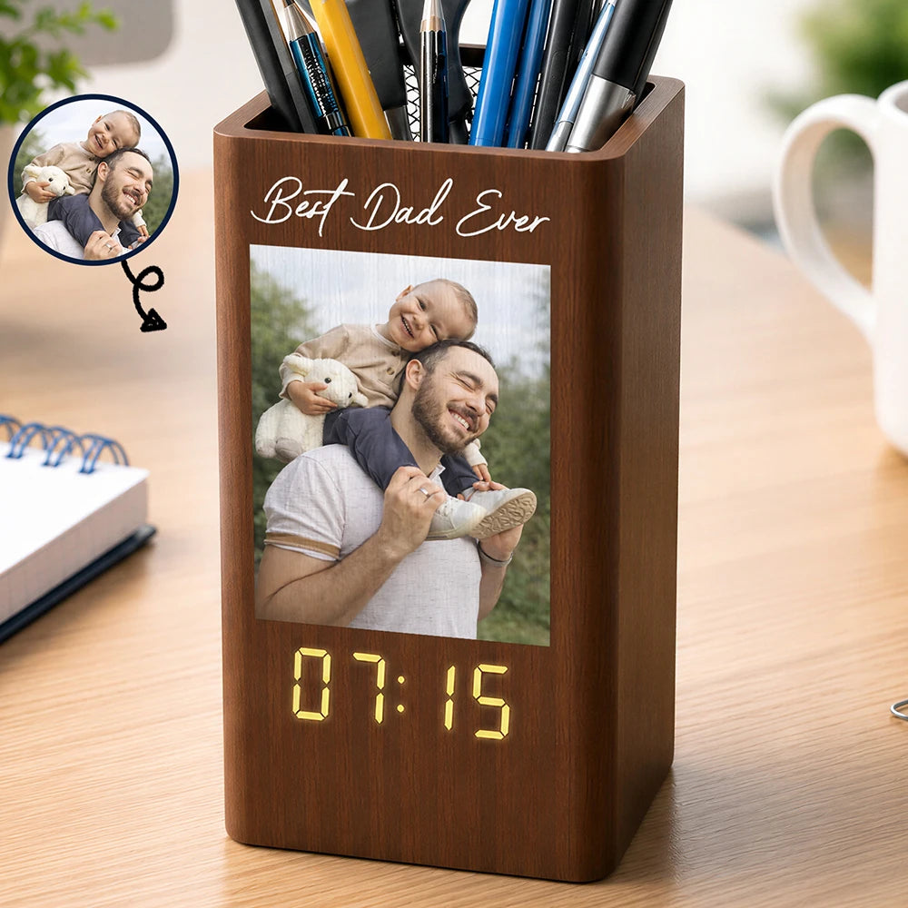 Gift For Father, Custom Photo, Sentimental, Upload Full Photo - Custom Photo Family Portrait Best Grandpa Dad Ever - Personalized Pen Holder With Clock