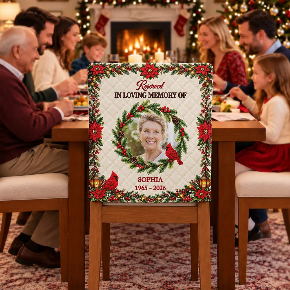 Christmas,Custom Photo,Family,Memorial,Memorial Loved One,Sympathetic,Upload Full Photo - Christmas Memorial Gift For Loss Of Loved One - Personalized Custom Photo Photo & Name Christmas In Heaven Chair Back Cover