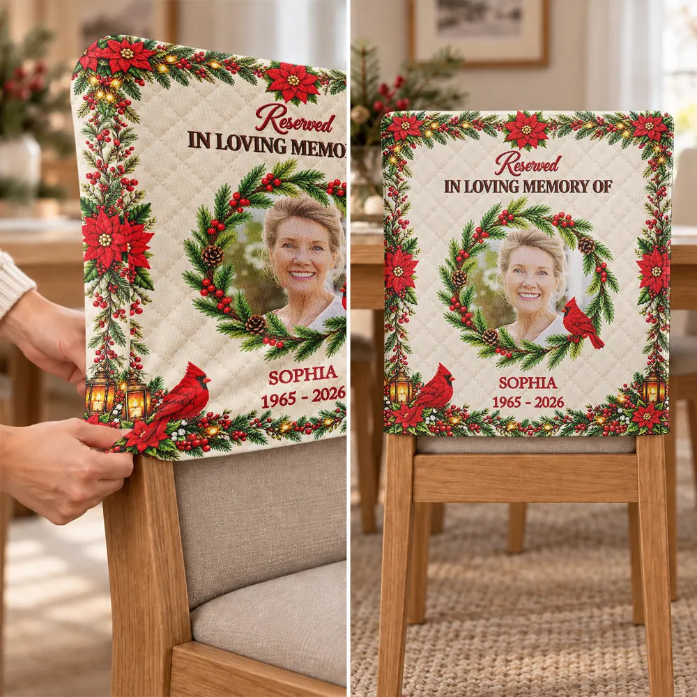Christmas,Custom Photo,Family,Memorial,Memorial Loved One,Sympathetic,Upload Full Photo - Christmas Memorial Gift For Loss Of Loved One - Personalized Custom Photo Photo & Name Christmas In Heaven Chair Back Cover