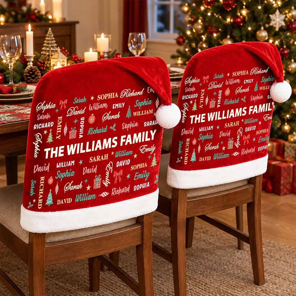 Christmas, Custom Text, Family, Happy - Christmas Table Decor Gift For Family - Personalized Member Names Chair Cover