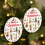Art Design,Christmas,Custom Photo,Gift For Mother,Gifts For Her,Happy,Pet Lovers,Pet Mom,Photo - Christmas Accessories 3D Cartoon Pet - Christmas Gift For Pet Mom - Personalized Custom Photo Pet Name Festive Pattern Circle Ceramic Ornament