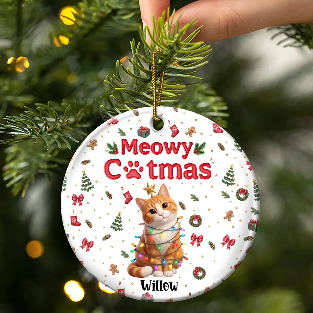 Art Design,Christmas,Custom Photo,Gift For Mother,Gifts For Her,Happy,Pet Lovers,Pet Mom,Photo - Christmas Accessories 3D Cartoon Pet - Christmas Gift For Pet Mom - Personalized Custom Photo Pet Name Festive Pattern Circle Ceramic Ornament