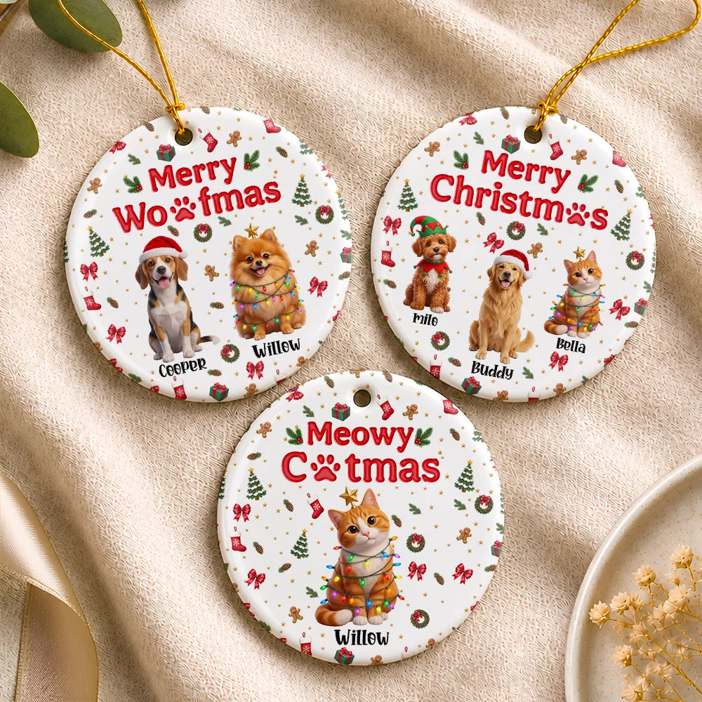 Art Design,Christmas,Custom Photo,Gift For Mother,Gifts For Her,Happy,Pet Lovers,Pet Mom,Photo - Christmas Accessories 3D Cartoon Pet - Christmas Gift For Pet Mom - Personalized Custom Photo Pet Name Festive Pattern Circle Ceramic Ornament