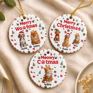 Art Design,Christmas,Custom Photo,Gift For Mother,Gifts For Her,Happy,Pet Lovers,Pet Mom,Photo - Christmas Accessories 3D Cartoon Pet - Christmas Gift For Pet Mom - Personalized Custom Photo Pet Name Festive Pattern Circle Ceramic Ornament