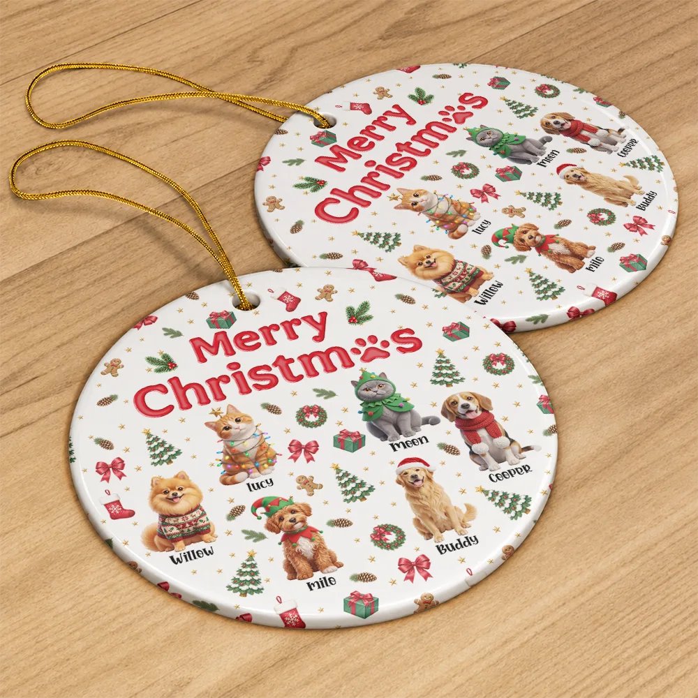 Art Design,Christmas,Custom Photo,Gift For Mother,Gifts For Her,Happy,Pet Lovers,Pet Mom,Photo - Christmas Accessories 3D Cartoon Pet - Christmas Gift For Pet Mom - Personalized Custom Photo Pet Name Festive Pattern Circle Ceramic Ornament