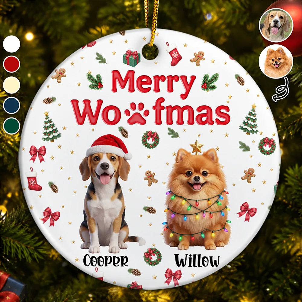Art Design,Christmas,Custom Photo,Gift For Mother,Gifts For Her,Happy,Pet Lovers,Pet Mom,Photo - Christmas Accessories 3D Cartoon Pet - Christmas Gift For Pet Mom - Personalized Custom Photo Pet Name Festive Pattern Circle Ceramic Ornament