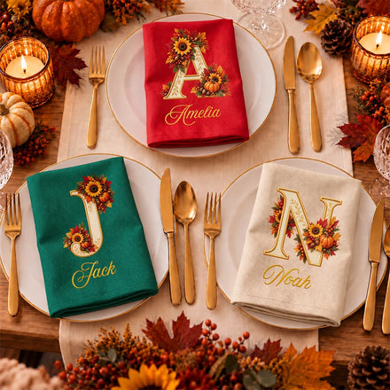 Thanksgiving Table Setting For Family Gathering - Personalized Monogram Reusable Napkin
