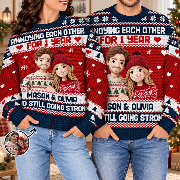 Anniversary,Art Design,Christmas,Custom Photo,Gift For Couples,Happy,Old Couples,Photo - Crochet Doll Effect,Top Market - Matching Christmas Gift For Couples - Personalized Custom Photo Crochet Effect Unisex Ugly Sweater