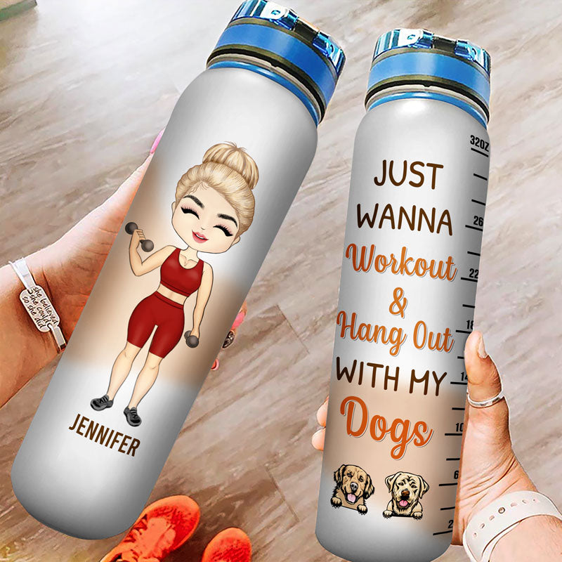 Just Wanna Workout & Hang Out With My Dogs - Gift For Gym & Dog Lover - Personalized Custom Water Tracker Bottle