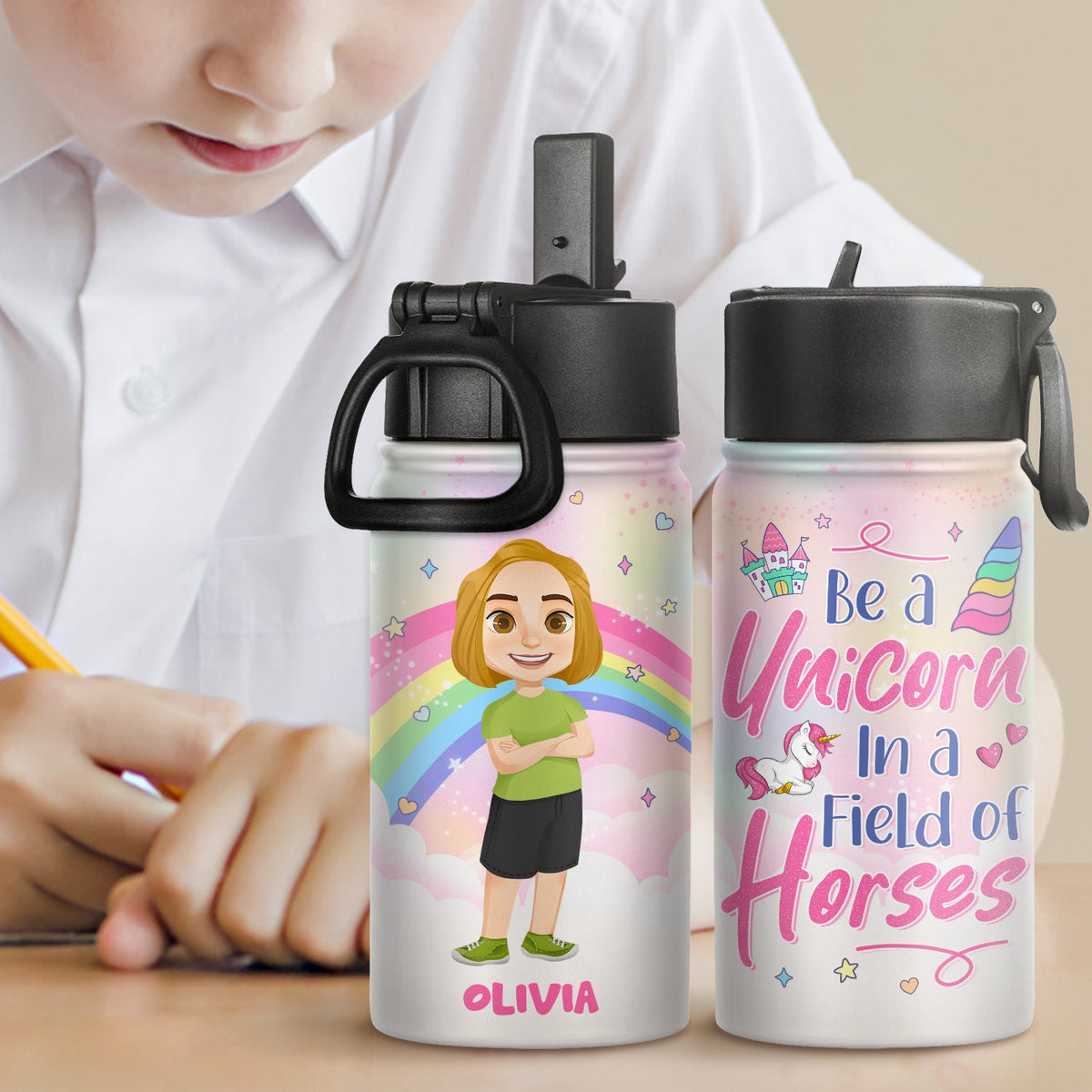 Be A Unicorn In A Field Of Horses - Gift For Kids, Back To School Gift - Personalized Kids Water Bottle