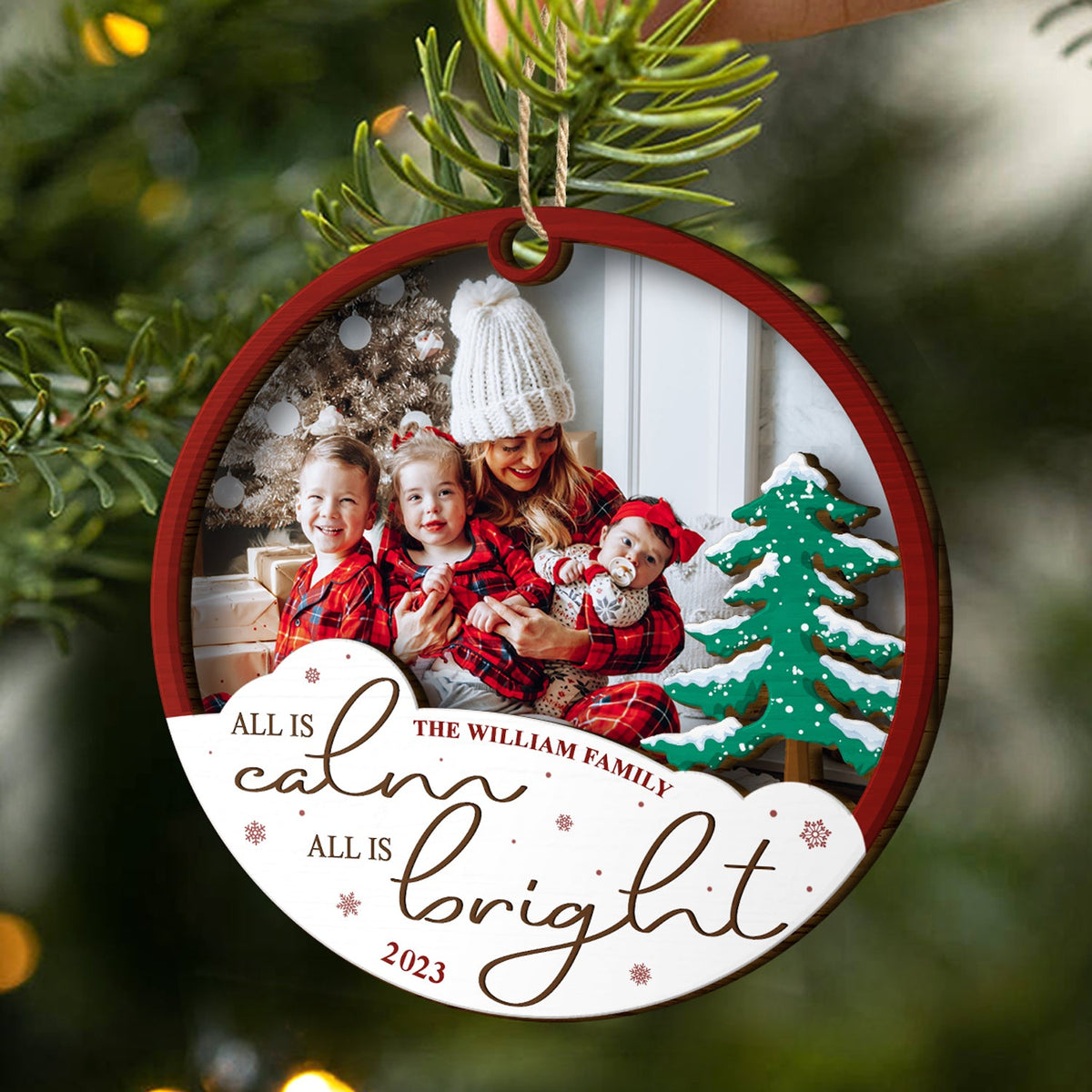 Custom Photo All Is Calm All Is Bright - Christmas Gift - Personalized 2-Layered Wooden Ornament