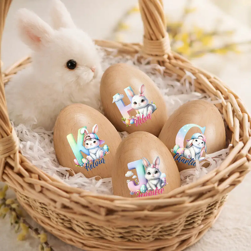 Easter,Non-Eng,Gift For Kids,Gift For Grandkids,Grandma - Grandkids,Grandpa - Grandkids,Dad - Children,Mom - Children,Happy - Adorable Bunny Alphabet Letters - Personalized Musical Wooden Easter Egg Shaker
