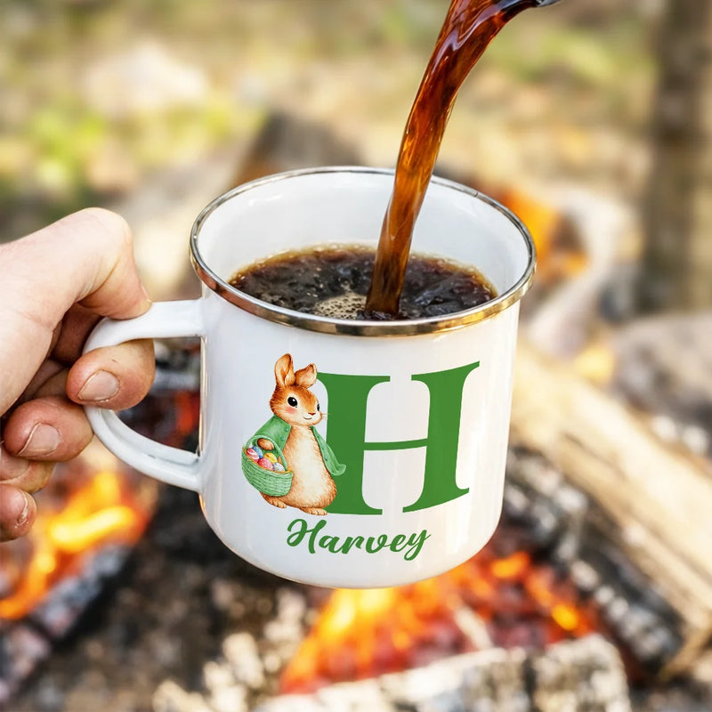 Gift For Kids,Grandma - Grandkids,Gift For Grandkids,Dad - Children,Mom - Children,Easter,Happy - Adorable Bunny With Alphabet Letters - Personalized Enamel Mug