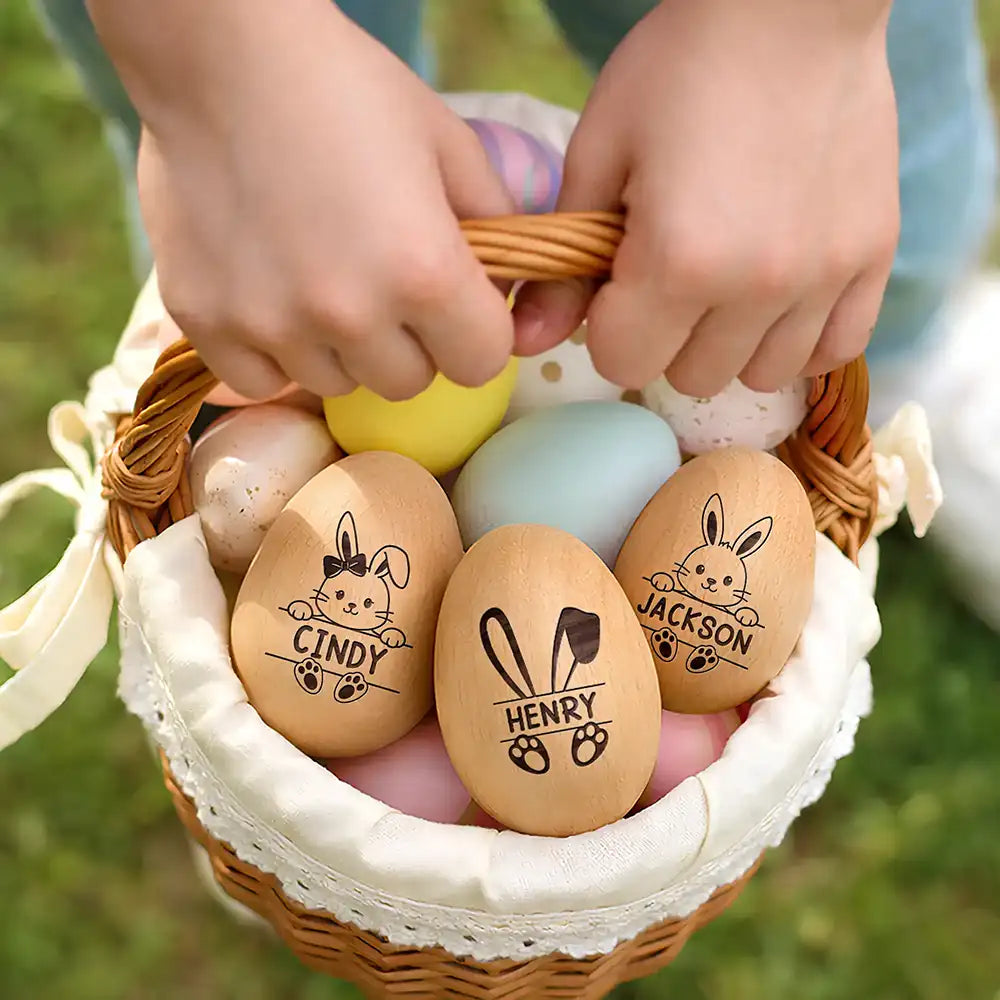 Gift For Kids, Gift For Grandkids, Non-Eng - Adorable Bunny With Name - Personalized Musical Wooden Easter Egg Shaker