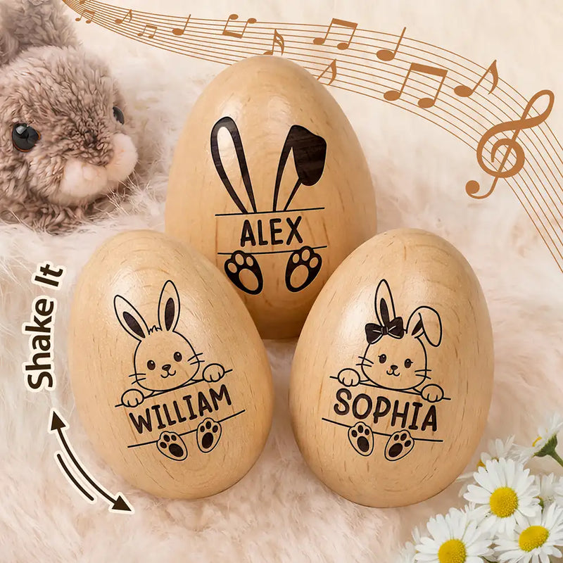 Gift For Kids, Gift For Grandkids, Non-Eng - Adorable Bunny With Name - Personalized Musical Wooden Easter Egg Shaker