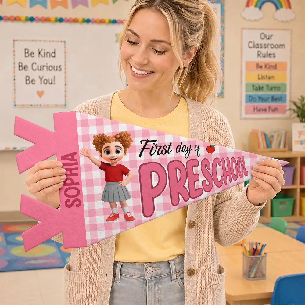 Confident,Back To School,Gift For Kids,Warp Text - Adorable Kid First Day Of Kindergarten & First Grade - Personalized Pennant