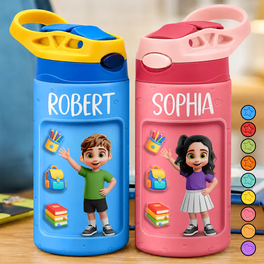 Adorable,Back To School,Gift For Kids,Vector - Adorable Kid Getting Ready For School - Personalized Insulated Water Bottle With Straw