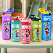 Adorable,Back To School,Gift For Kids,Vector - Adorable Kid Getting Ready For School - Personalized Insulated Water Bottle With Straw