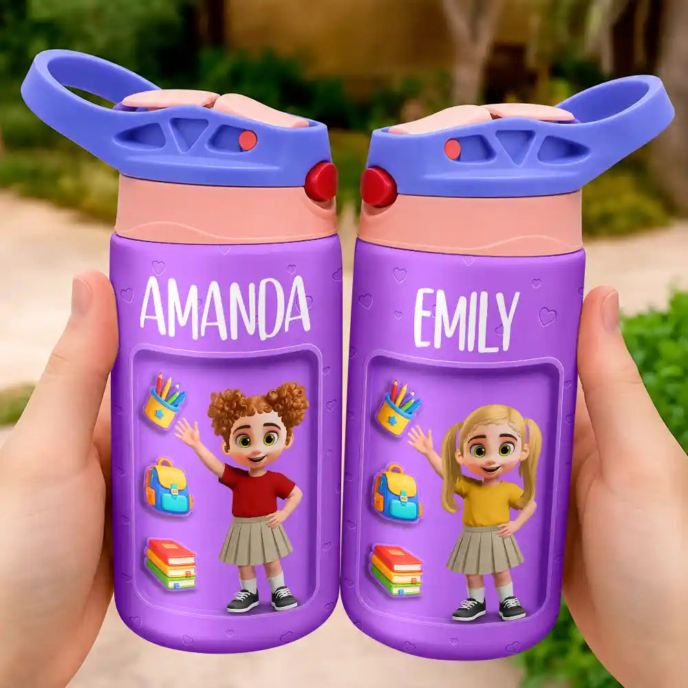 Adorable,Back To School,Gift For Kids,Vector - Adorable Kid Getting Ready For School - Personalized Insulated Water Bottle With Straw