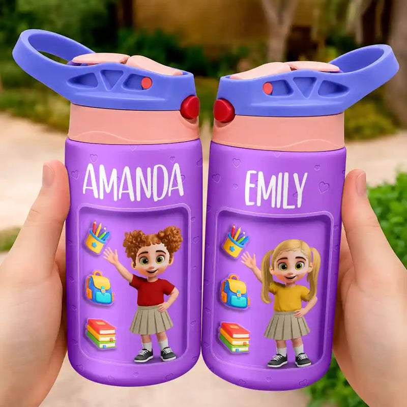 Adorable,Back To School,Gift For Kids,Vector - Adorable Kid Getting Ready For School - Personalized Insulated Water Bottle With Straw