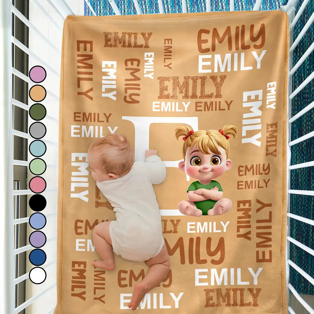 Adorable,Indoor Decor,Back To School,Gift For Kids,Vector - Adorable Kid Sitting With Letter & Name - Personalized Fleece Blanket, Sherpa Blanket
