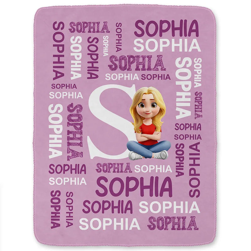 Adorable,Indoor Decor,Back To School,Gift For Kids,Vector - Adorable Kid Sitting With Letter & Name - Personalized Fleece Blanket, Sherpa Blanket