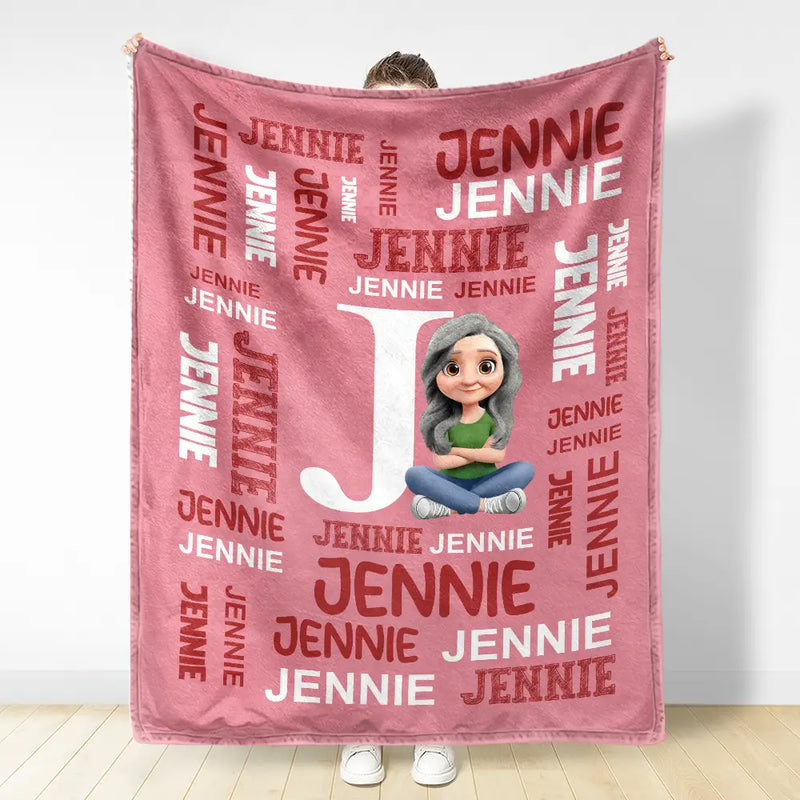 Adorable,Indoor Decor,Back To School,Gift For Kids,Vector - Adorable Kid Sitting With Letter & Name - Personalized Fleece Blanket, Sherpa Blanket
