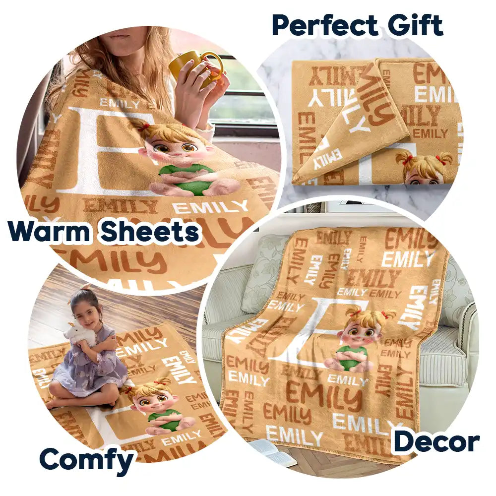 Adorable,Indoor Decor,Back To School,Gift For Kids,Vector - Adorable Kid Sitting With Letter & Name - Personalized Fleece Blanket, Sherpa Blanket