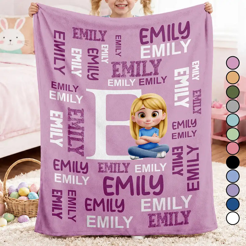 Adorable,Indoor Decor,Back To School,Gift For Kids,Vector - Adorable Kid Sitting With Letter & Name - Personalized Fleece Blanket, Sherpa Blanket