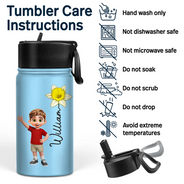 Top Market, Adorable, Back To School, Gift For Kids, Vector - Adorable Kid With Birth Month Flower - Personalized Kids Water Bottle