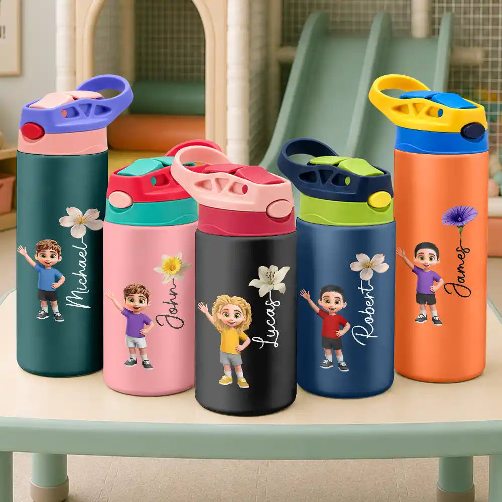 Top Market,Adorable,Back To School,Gift For Kids,Vector - Adorable Kid & Birth Month Flower - Personalized Insulated Water Bottle With Straw