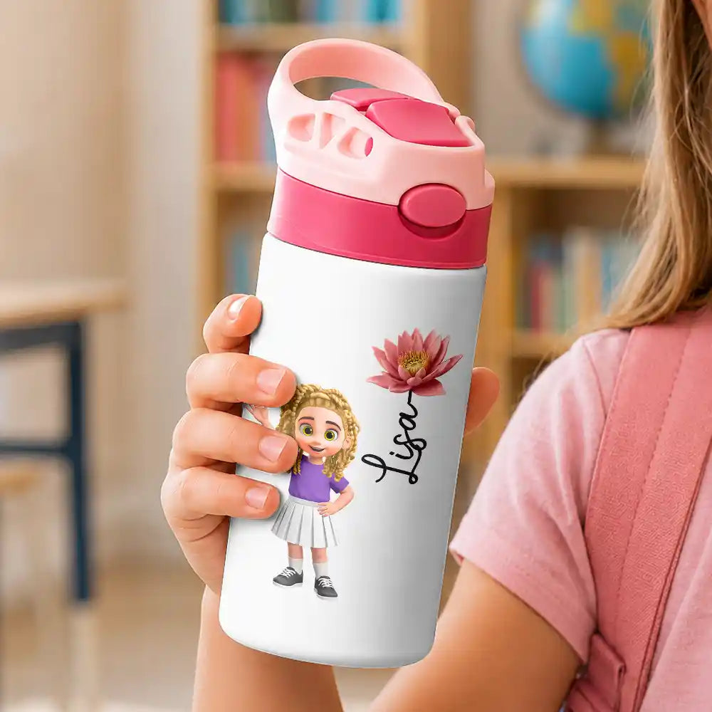 Top Market,Adorable,Back To School,Gift For Kids,Vector - Adorable Kid & Birth Month Flower - Personalized Insulated Water Bottle With Straw