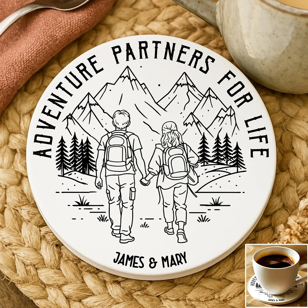 Gift For Couples,Gift For Husband,Old Couples,Gift For Wife,Gift For Boyfriend,Gift For Girlfriend,LGBT,Love - Adventure Partners For Life - Personalized Ceramic Coaster