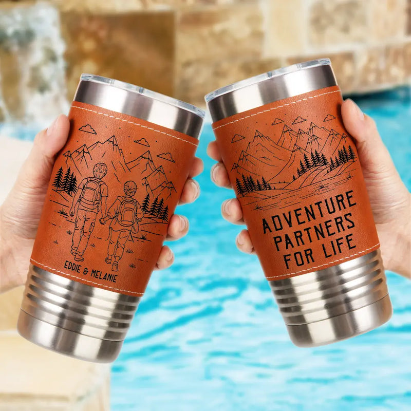 Gift For Couples,Old Couples,Gift For Husband,Gift For Wife,Gift For Boyfriend,Gift For Girlfriend,Happy - Adventure Partners For Life - Personalized Leather Tumbler