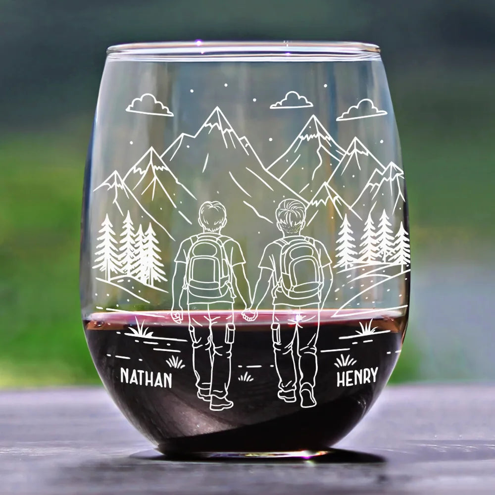 Gift For Couples,Old Couples,Gift For Husband,Gift For Wife,Gift For Boyfriend,Gift For Girlfriend,Happy - Adventure Partners For Life - Personalized Stemless Wine Glass
