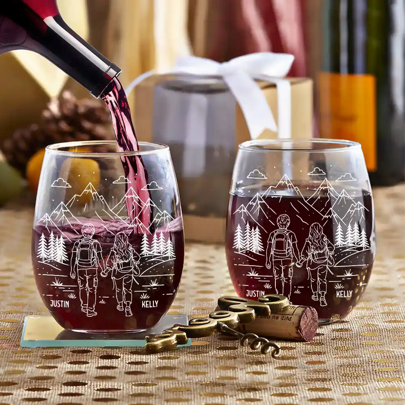 Gift For Couples,Old Couples,Gift For Husband,Gift For Wife,Gift For Boyfriend,Gift For Girlfriend,Happy - Adventure Partners For Life - Personalized Stemless Wine Glass