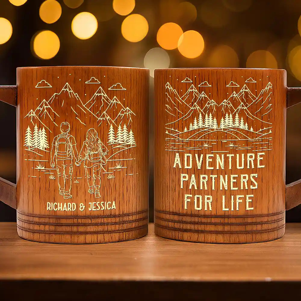 Gift For Couples,Old Couples,Gift For Husband,Gift For Wife,Gift For Boyfriend,Gift For Girlfriend,Happy - Adventure Partners For Life - Personalized Wooden Mug