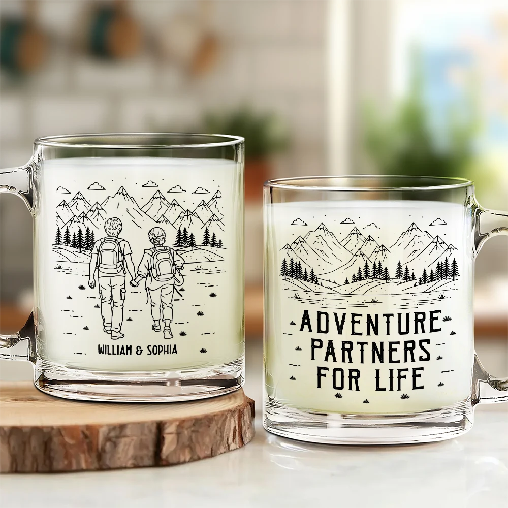 Gift For Couples,Gift For Husband,Old Couples,Gift For Wife,Gift For Boyfriend,Gift For Girlfriend,LGBT,Love - Adventure Partners For Life Couple Line Art - Personalized Glass Mug