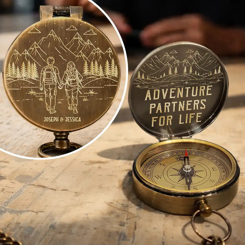 Camping,Campsite,Happy,Gift For Couples,Gift For Husband,Gift For Wife,Gift For Boyfriend,Gift For Girlfriend - Adventure Partners For Life Sketch - Personalized Engraved Brass Compass